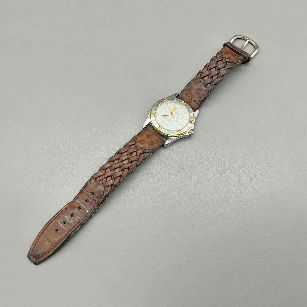 Vintage Lorus Womens Watch White Dial Brown Braided Leather Mickey Mouse Quartz